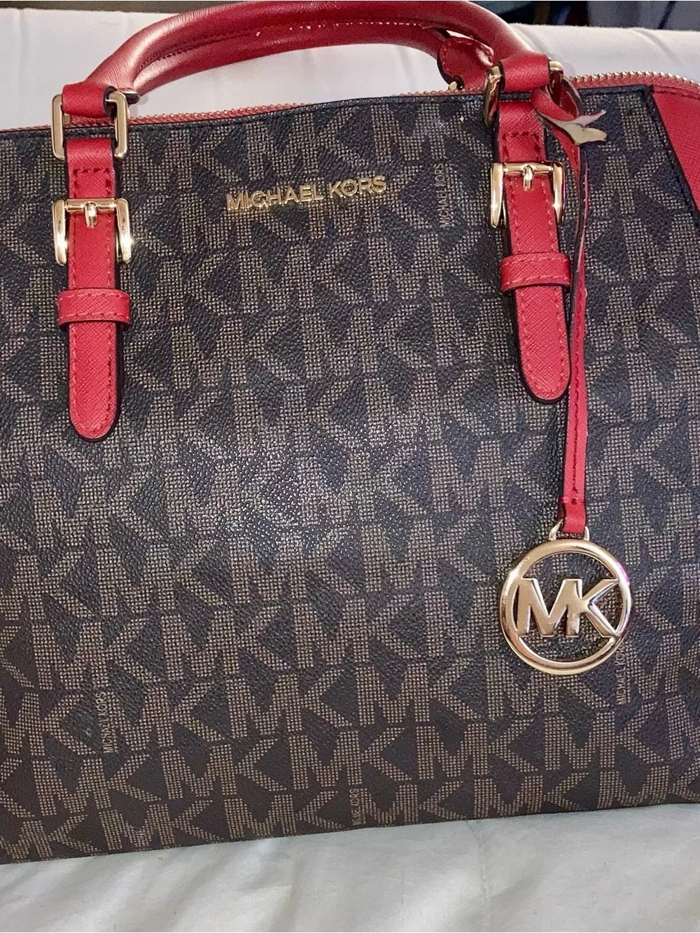Michael Kors Brown Logo Satchel with Pink-Red Trim